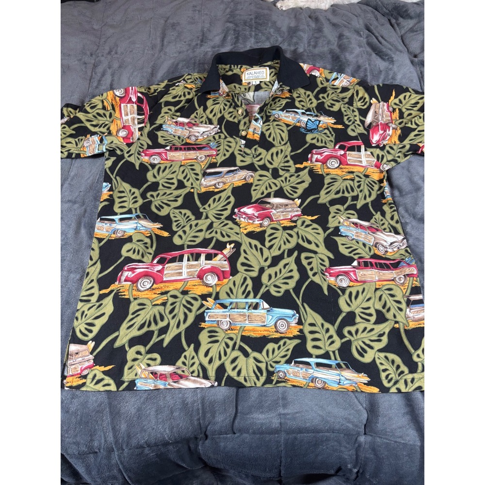 Kalaheo RJC Mens Hawaiian Polo Shirt L Black Woody Car Monstera Leaf Made in USA